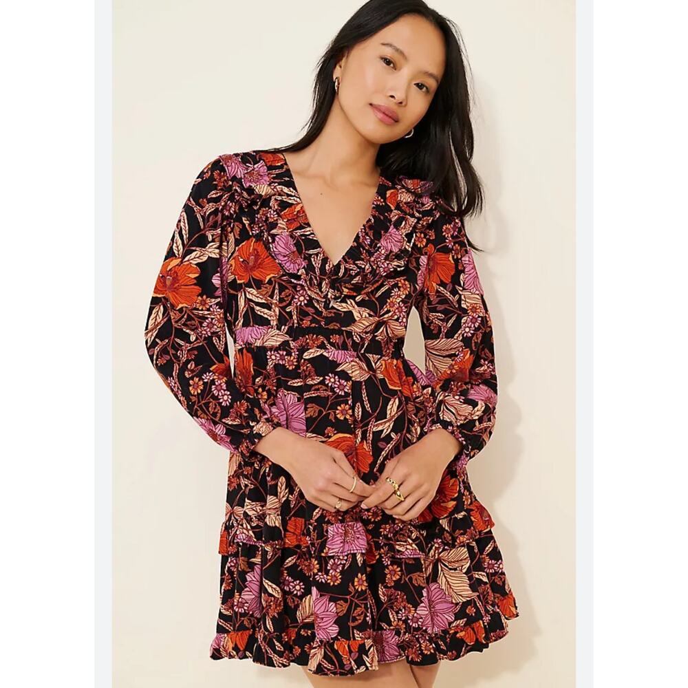 NWT Pilcro by Anthropologie Floral Tiered Ruffle Long-Sleeve Corduroy Dress XS